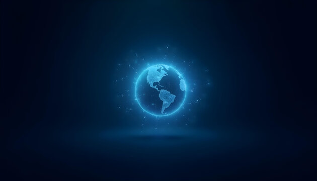 glowing blue globe representing Earth, surrounded by digital particles, symbolizes global connectivity and technology