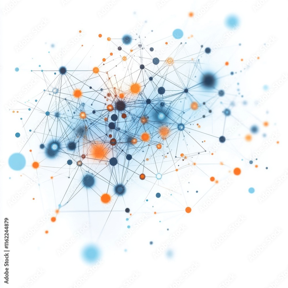 Poster abstract network of colorful nodes and connections against a white background.