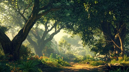 Serene forest path illuminated by soft sunlight.