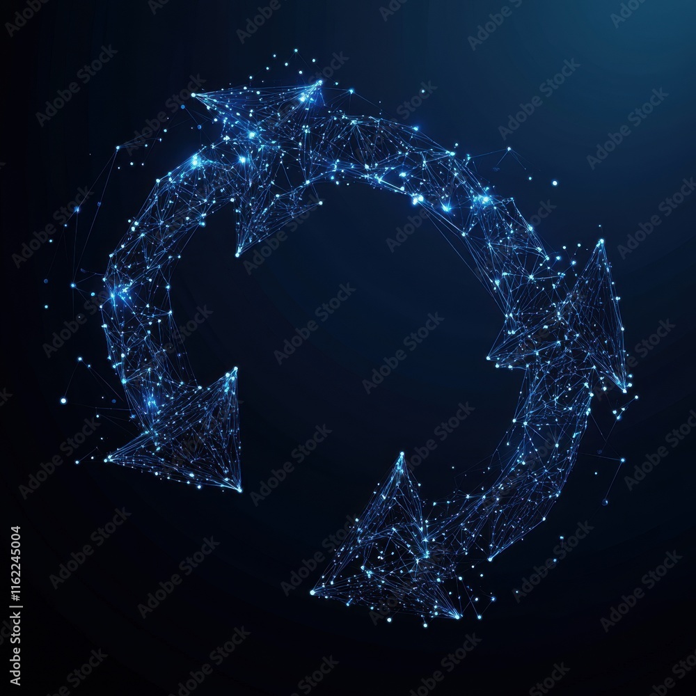 Aufkleber digital illustration of a circular arrow made of glowing nodes and lines, representing connectivity 