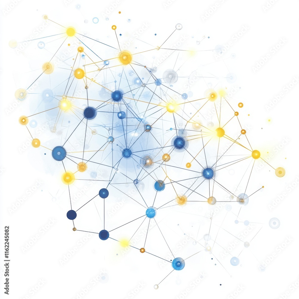 Aufkleber abstract network design with blue and yellow circles, connected by thin lines, representing data flo