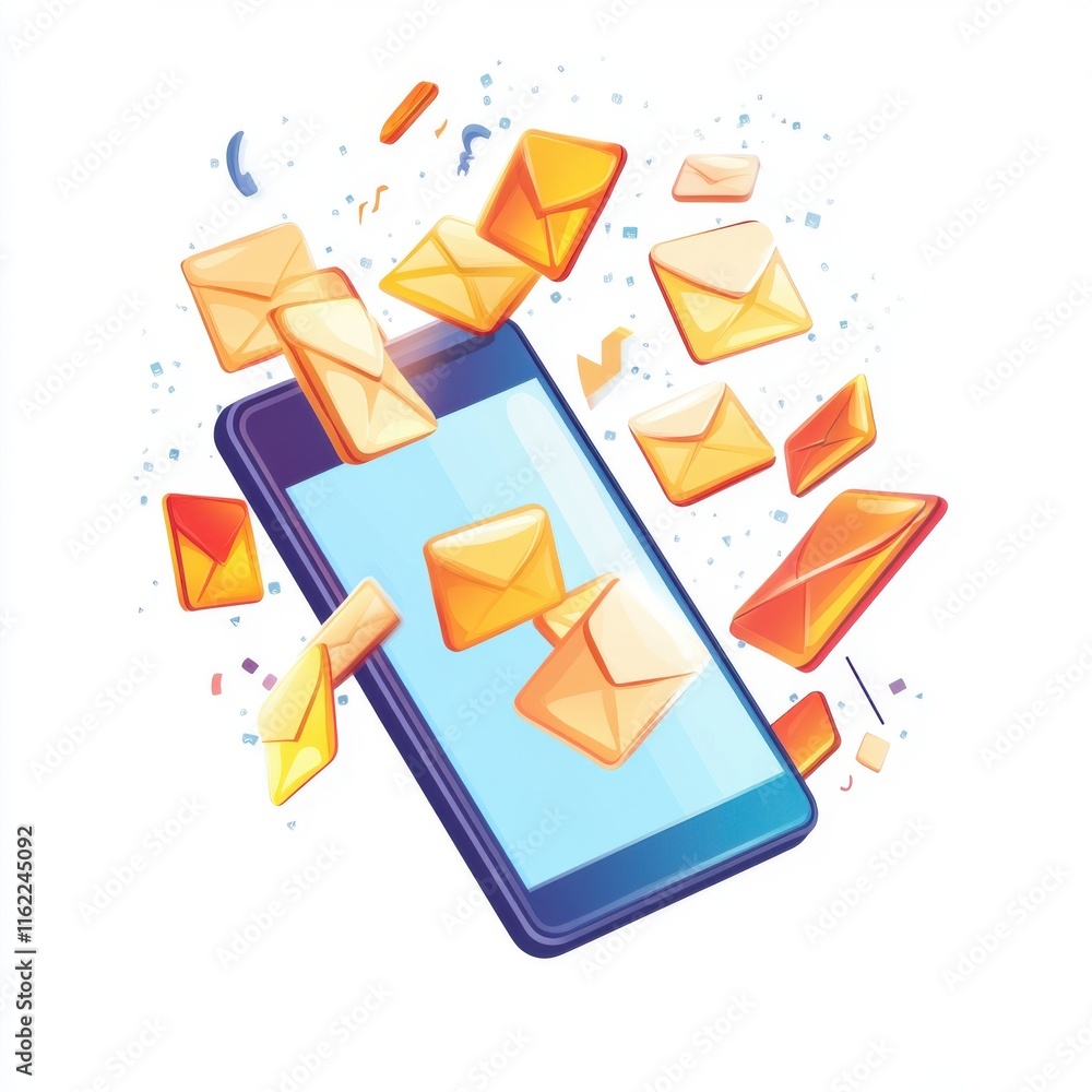 Poster colorful illustration of a smartphone surrounded by animated envelopes symbolizing message notificat