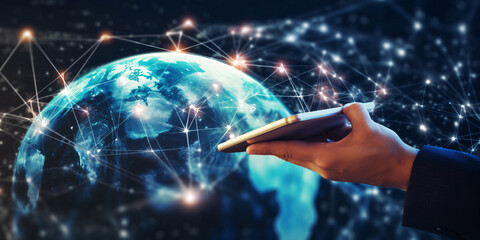 Hand touching Telecommunication network and wireless mobile internet technology with 5G LTE data connection of global business, fintech, blockchain.