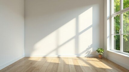 Obraz premium Sunlit Empty Room with Hardwood Floor and Large Window Showing Greenery