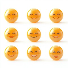 Naklejka premium A cheerful arrangement of nine glossy orange smiley faces with various expressions.