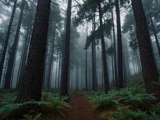 pine forest in fog at dusk as background