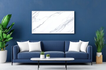 A2 Frame Mockup: Blank White Marble Art on Blue Wall - Modern interior design, featuring a blank white marble framed artwork hanging on a blue wall above a blue sofa.  Clean lines, minimalist style, s