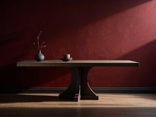Obraz premium mockup with wooden table on deep burgundy background