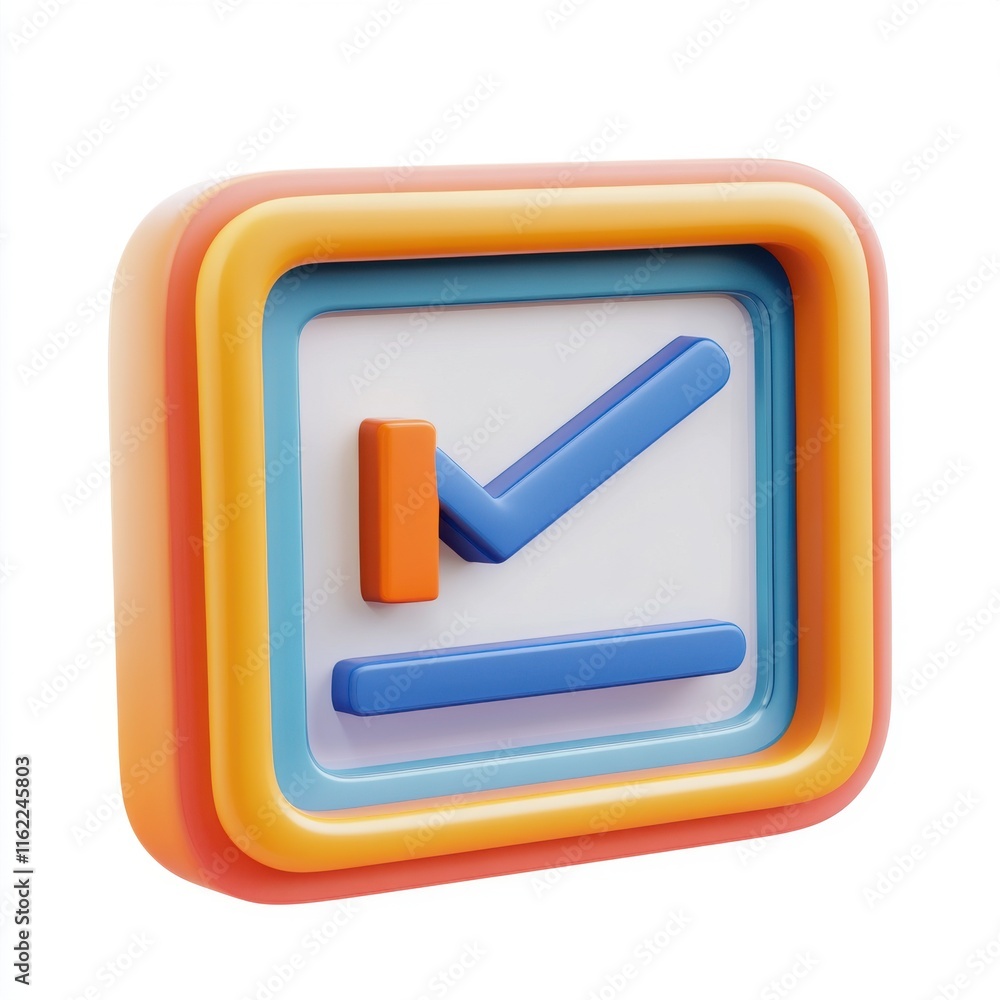 Poster colorful 3d graphic of a checkmark and chart symbolizing success and progress.