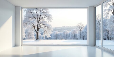 Fototapeta premium Serene Winter Landscape Viewed Through Expansive Floor-to-Ceiling Windows in a Minimalist Room