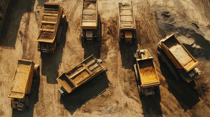 A group of yellow dump trucks are parked in a dirt field
