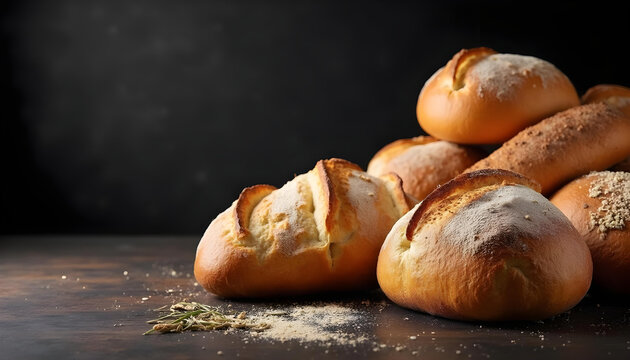 Freshly baked bread rolls stacked on rustic table, showcasing variety of textures and colors, with sprinkle of flour and herbs adding to natural appeal