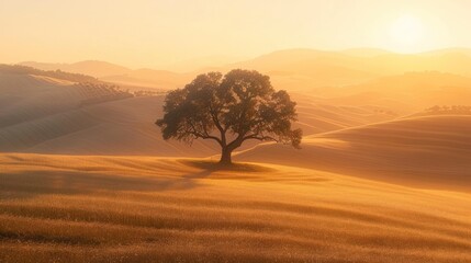 Solitary tree silhouetted against a sunrise over rolling hills and a hazy valley.