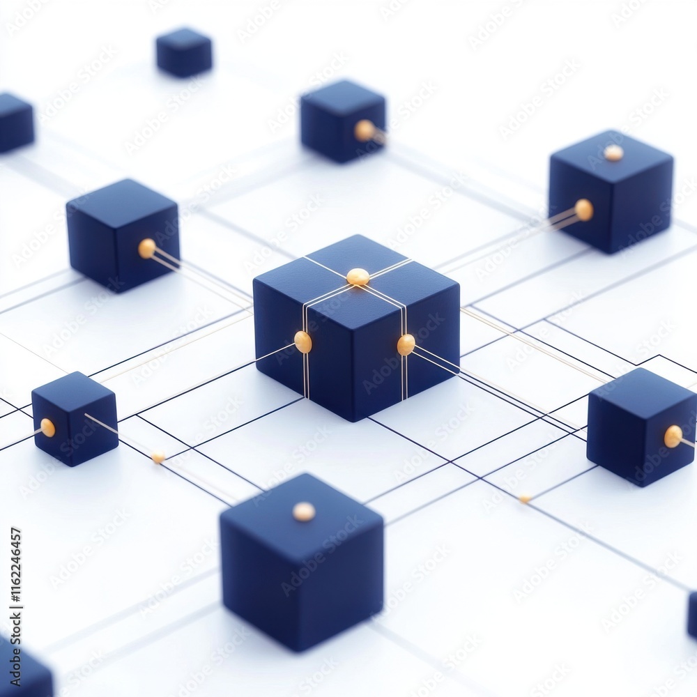 Aufkleber abstract network design featuring interconnected dark blue cubes and golden nodes, representing tech