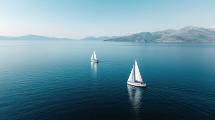 Two sailboats glide over tranquil blue waters, framed by distant mountains under a clear sky, creating a serene and picturesque seascape.