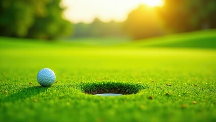A Golf Ball on the Putting Green at Sunset, Ready for the Final Putt