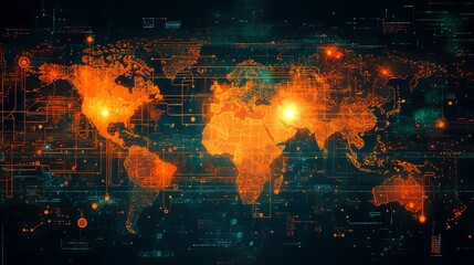 green energy eco-friendly transition. Global Network Digital World Map Orange Hue