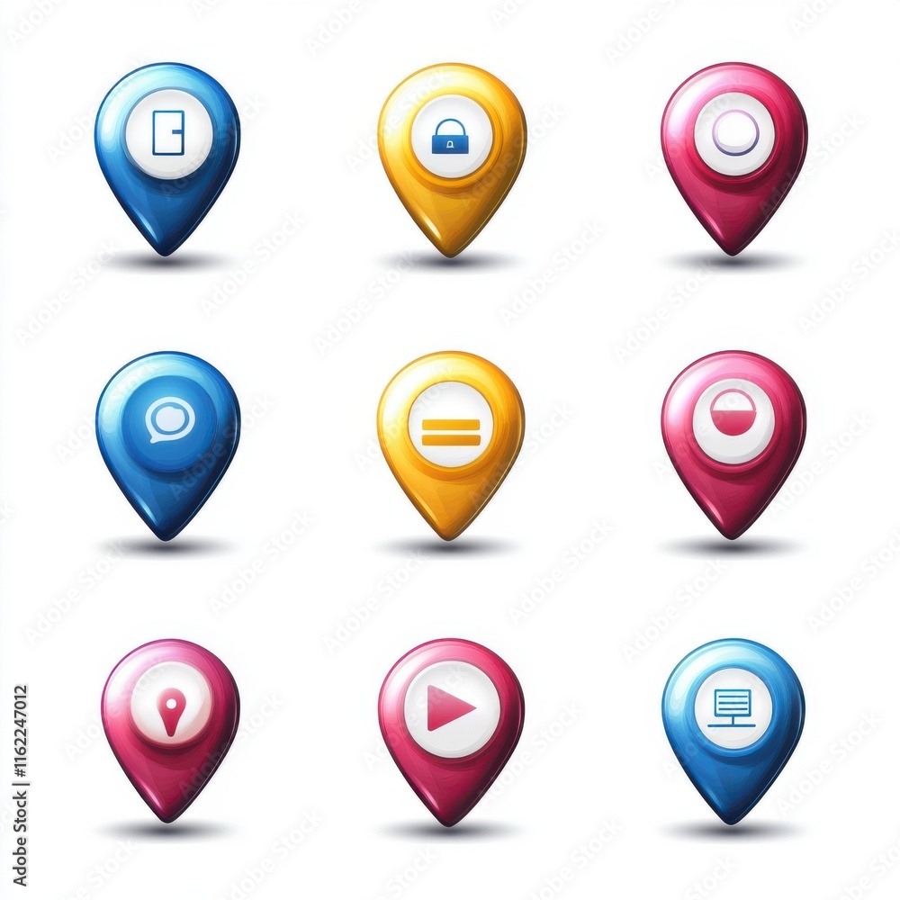 Poster colorful multimedia icons in various shapes, perfect for digital and web design projects.