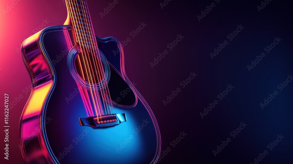 Poster colorful 3d guitar design illuminated by vibrant lights in a modern artistic setting. generative ai