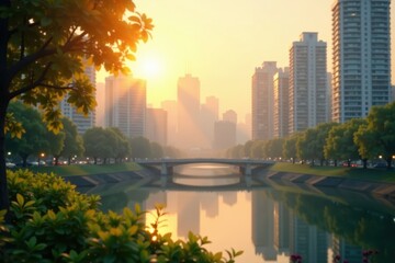 Obraz premium Gentle morning light filters through a blurred cityscape, revealing a peaceful atmosphere, cityscape, atmosphere