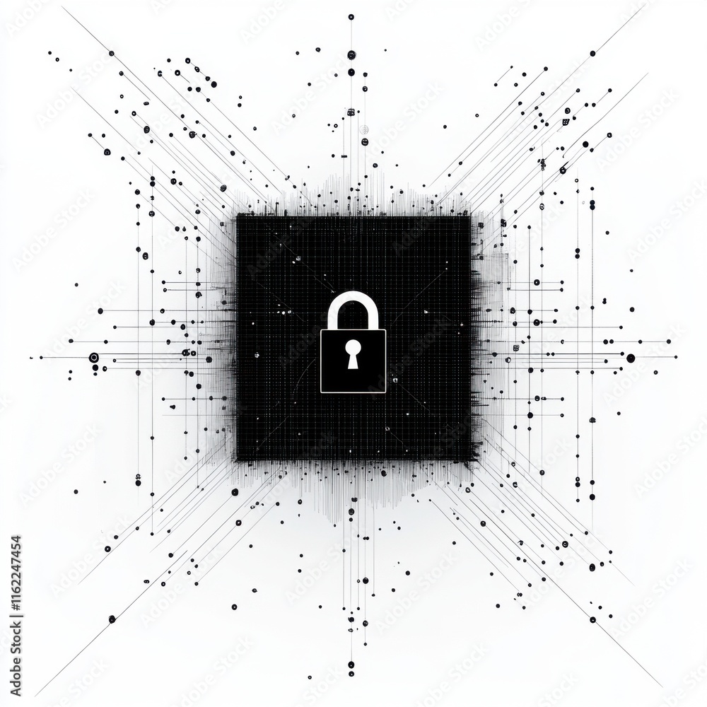 Poster a digital lock icon on a black background symbolizes cybersecurity and data protection.