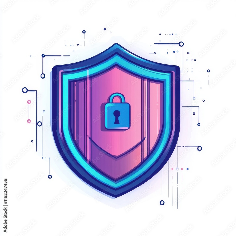 Poster a colorful digital shield symbolizing cybersecurity with a padlock in the center, representing prote