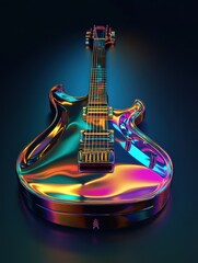Stunning 3D representation of a vibrant guitar reflecting colorful light patterns on a dark background. Generative AI