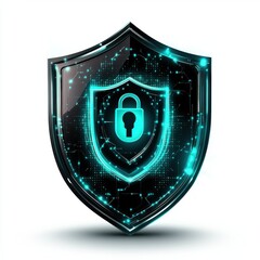Fototapeta premium Digital shield symbolizing cybersecurity with a lock icon, glowing in vibrant teal shades.