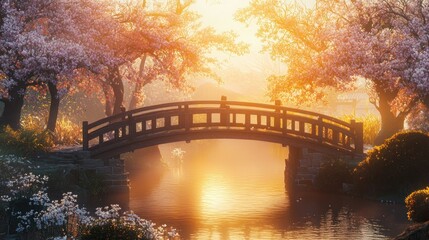 Serene cherry blossom bridge at sunset.