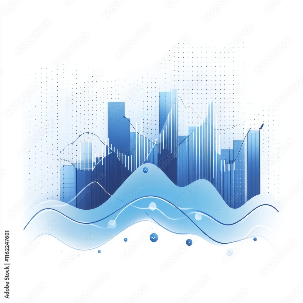 Poster stylized blue data visualization depicting graphs, charts, and abstract waves.