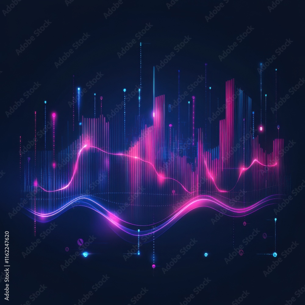 Poster colorful abstract sound waves in vibrant pink and blue against a dark background, creating a dynamic