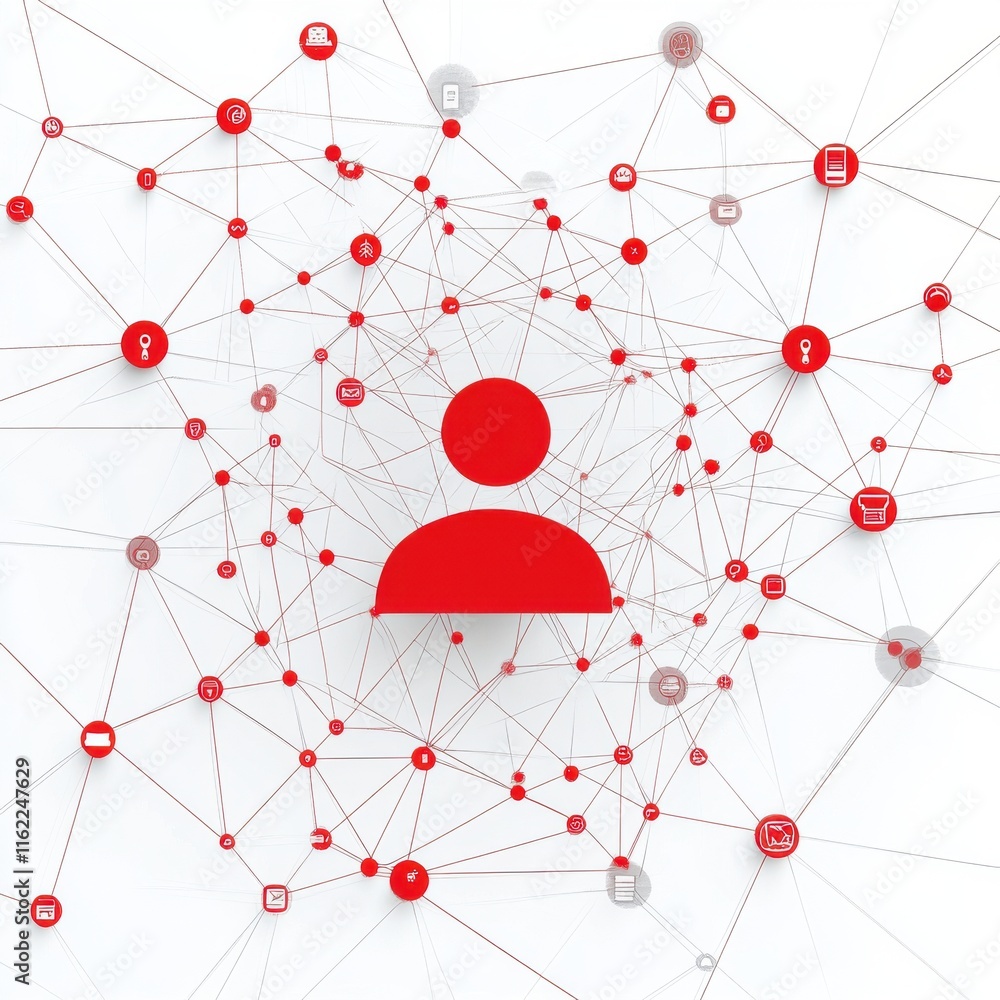Poster a red silhouette symbolizes connectivity amidst a web of digital icons and symbols, illustrating net