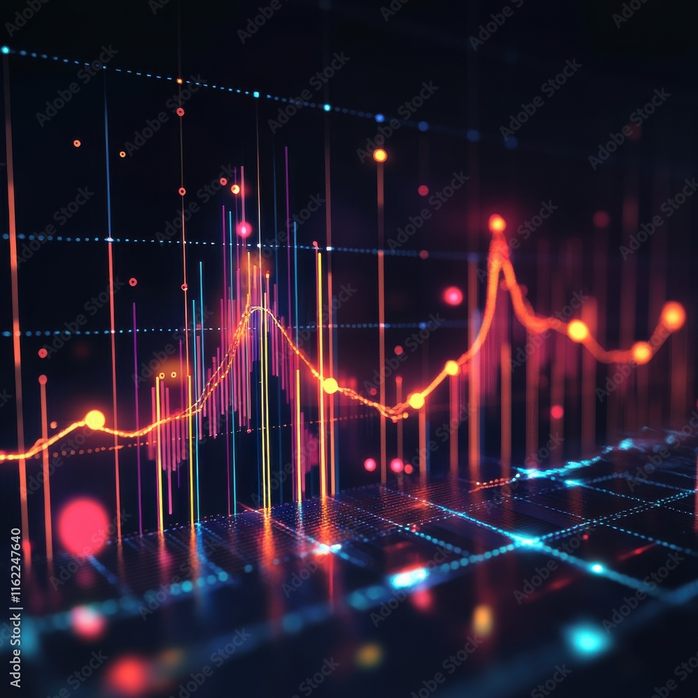 Poster abstract digital graph with vibrant colors depicting data analysis and trends.