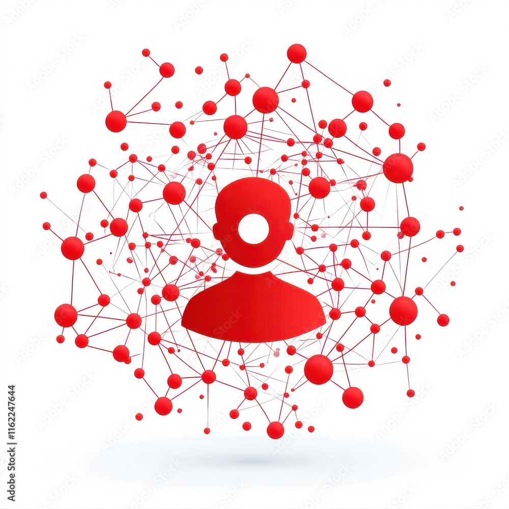 Poster a graphic representation of a person surrounded by a network of red connections, symbolizing communi