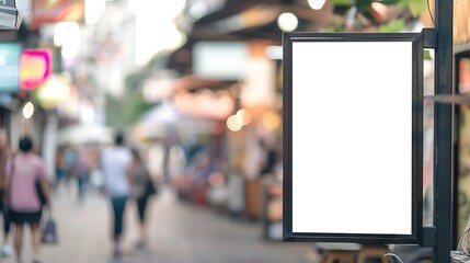 A blank advertising board on a bustling street with blurred pedestrians in the background.