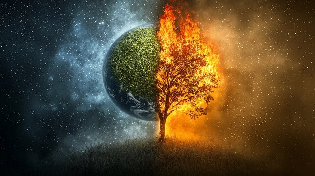 Burning tree and half-earth in fire and cosmos.