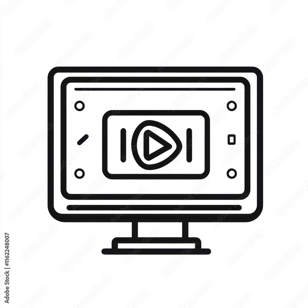Poster simple line art illustration of a computer monitor displaying a play button.
