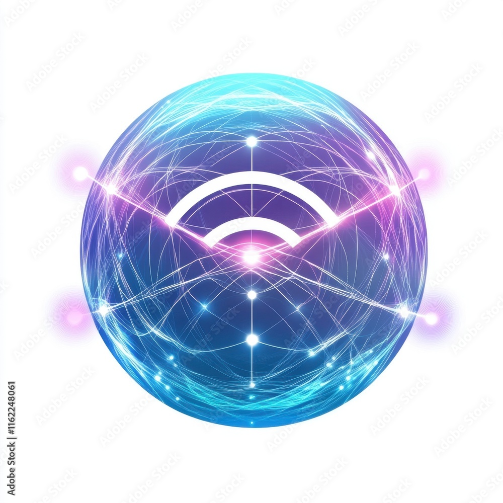 Poster a vibrant digital sphere with swirling light patterns, symbolizing connectivity and technology.