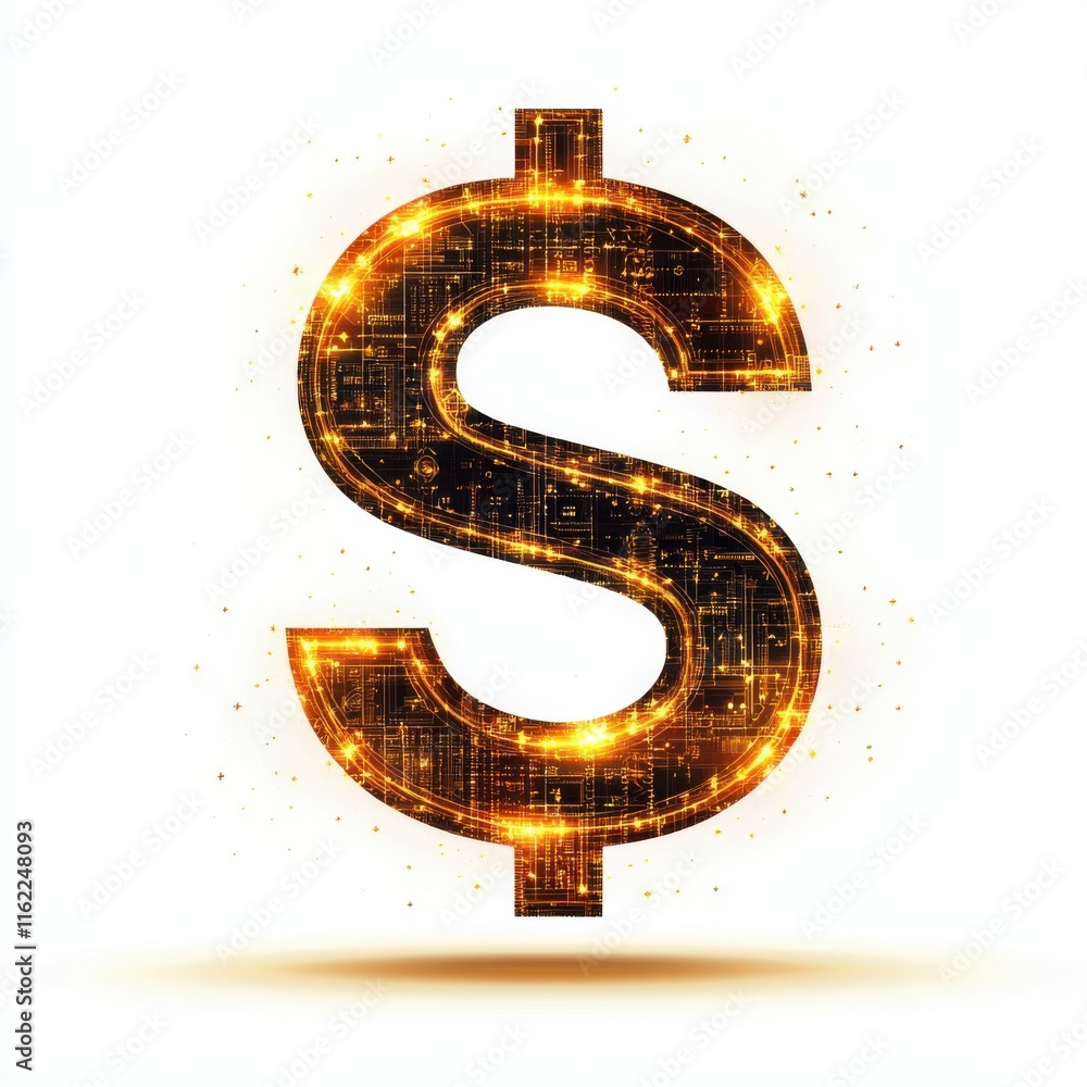 Poster a glowing dollar sign symbol representing wealth and finance, featuring a digital circuit pattern wi