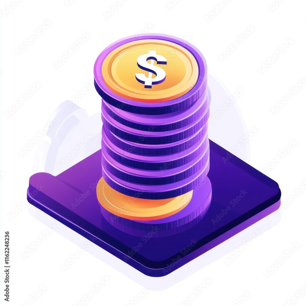 Poster stylized stack of coins with a dollar sign, symbolizing finance and wealth creation.