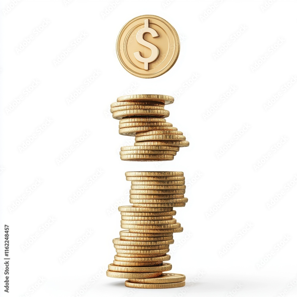 Poster a stack of golden coins with a dollar symbol coin floating above, symbolizing wealth and prosperity.