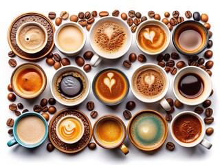 Aerial View: Espresso Coffee in Diverse Cups, Isolated on  Background