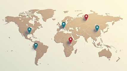Naklejka premium Global Network Visualization Multiple Location Markers on a Detailed World Map Showing Interconnectivity