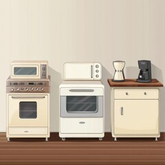 Obraz premium Stylish vintage kitchen appliances in cream and brown tones, adding a nostalgic charm to any kitchen.