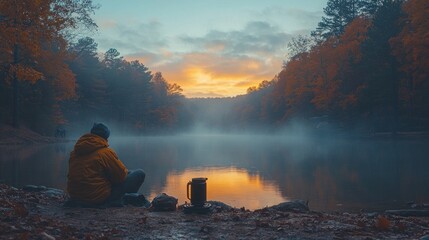 Man enjoys serene sunrise over misty lake in autumn.