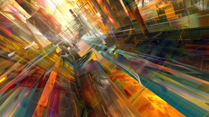 This abstract image features vibrant, dynamic lines and geometric shapes, creating a sense of motion and depth, resembling a futuristic cityscape.