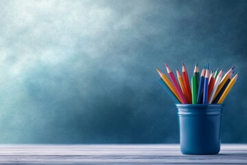 Obraz premium Art Welcome Back To School Banner - Colorful pencils in a blue cup symbolize creativity, education, learning, new beginnings, and artistic expression. Back to school concept.