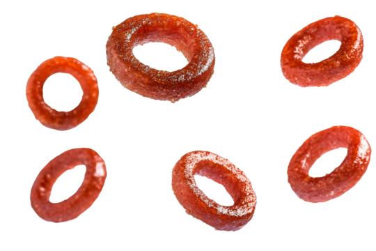 Frying onion rings floating isolated on a transparent background