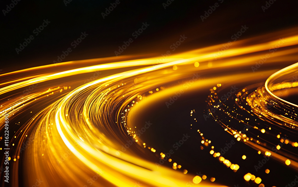 Poster abstract golden light trails with sparkling glitter on a dark background