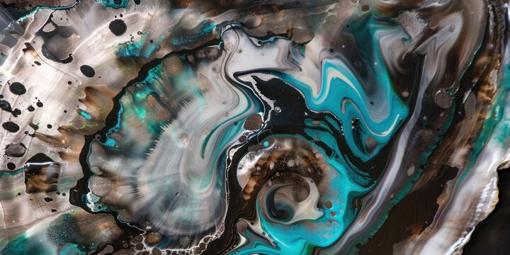 grunge close up of an oyster shell with turquoise gray white black fluid dynamic abstract texture